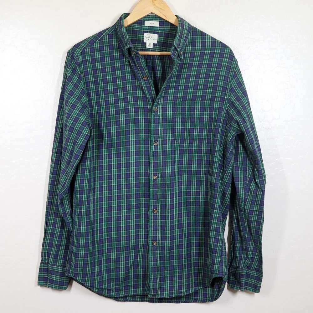 J. Crew Mens Slim Fit‎ Brushed Twill Plaid Button Down Shirt Size M Green Navy